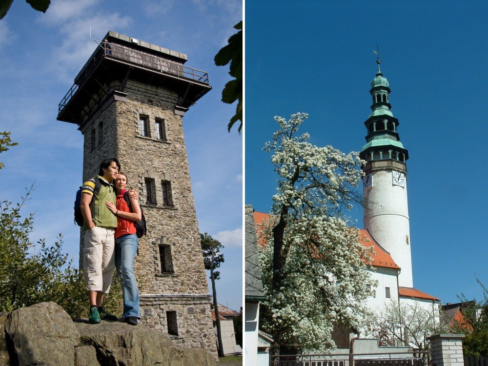 Wanderer beim Aussichtsturm auf dem Cerchov (links) und der Stadtturm von Domazlice (rechts)