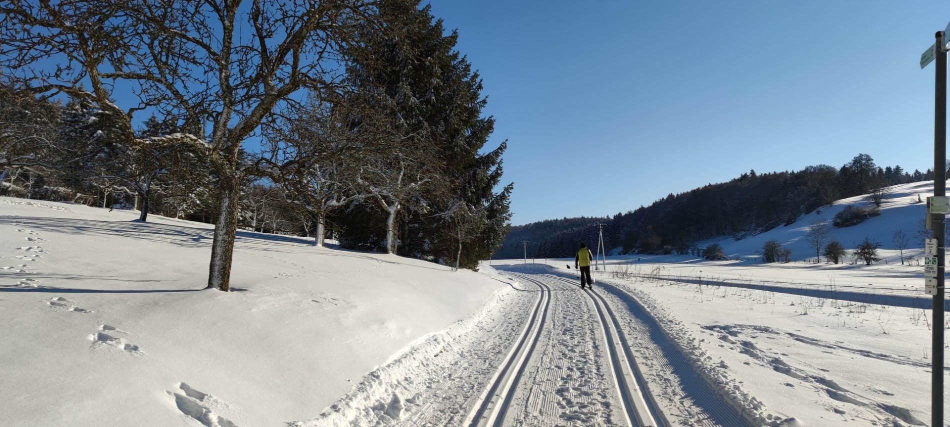 Die Heutal-Loipe in Münsingen im Biosphärengebiet Schwäbische Alb. Eine Person mit gelber Jacke fährt mit klassischen Langlaufski auf der Loipe, bei der zwei Spuren parallel verlaufen. Ringsherum ist die verschneite Landschaft mit einigen Bäumen und Wald.