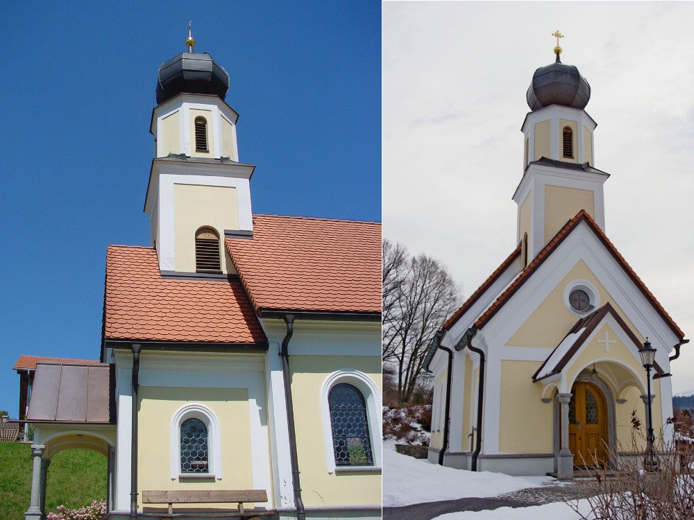 Blick auf das ST. ANNA Kircherl in Thürnstein im Sommer (links) und im Winter (rechts)