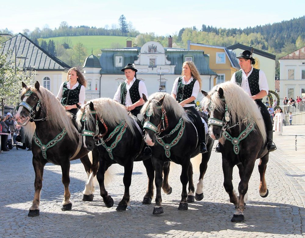 Festlich geschmückte Rösser und Reiter aus dem gesamten Bayerischen Wald nehmen an dem Regener Osterritt teil