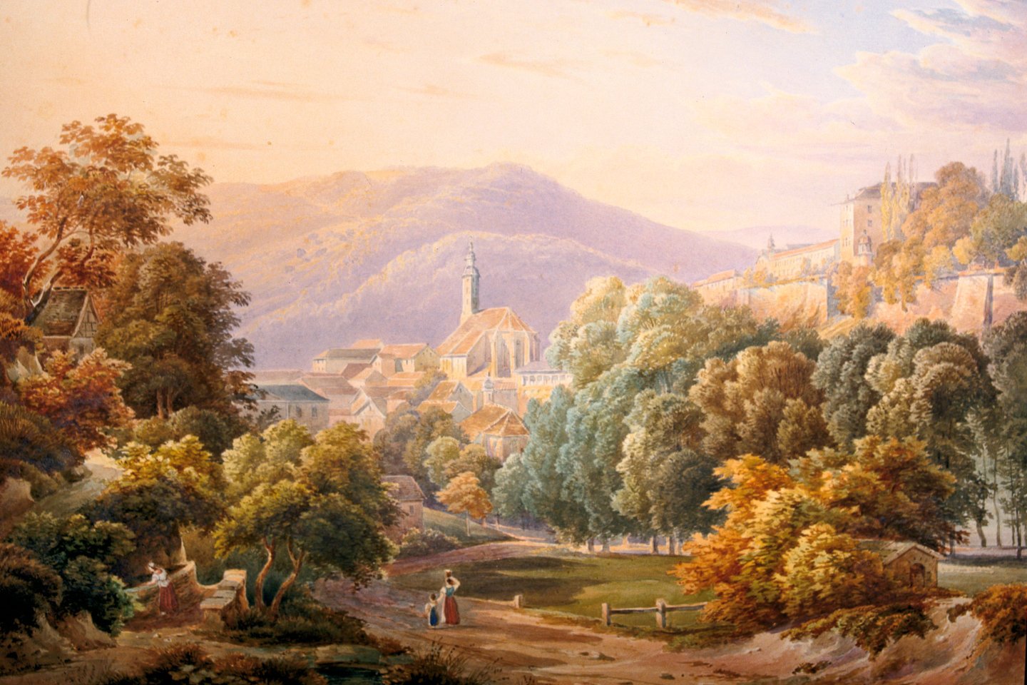 Gemälde: Malerisches Ausblick mit Blick auf eine volle, blühende Bäume. Ein Kirchturm ist ebenfalls zu sehen