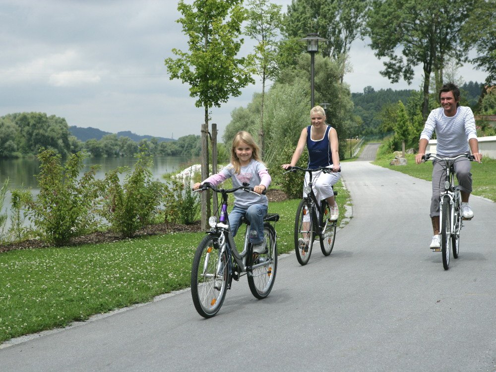 Radler-Familie auf dem Donauradweg bei Windorf im Bayerischen Donautal unterwegs