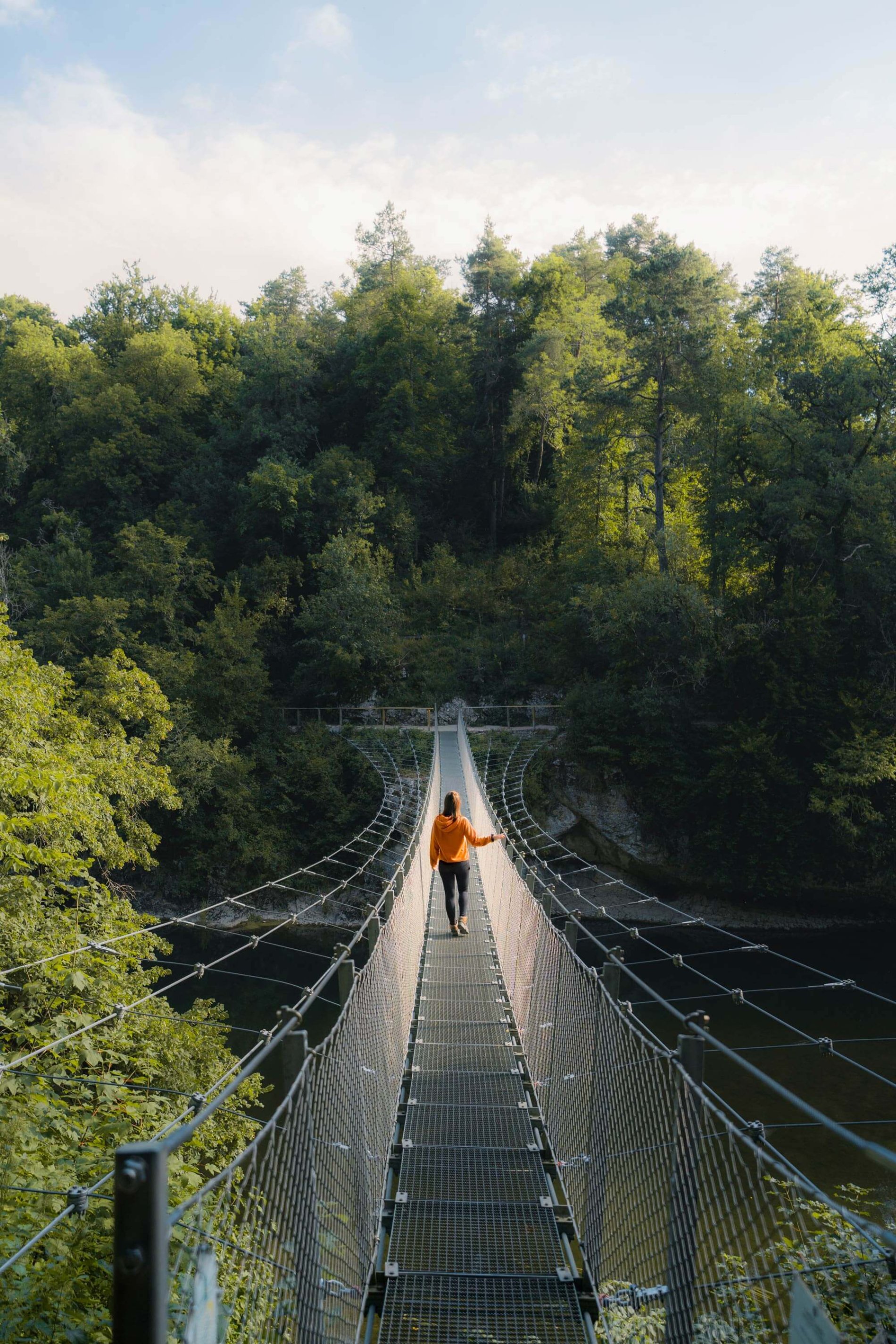 Suspension bridge over the Danube in the princely park Inzigkofen