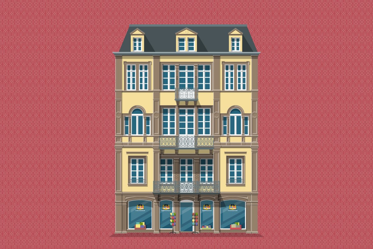 gelbes Stadthaus mit Ladengeschäft Mäx & Moritz