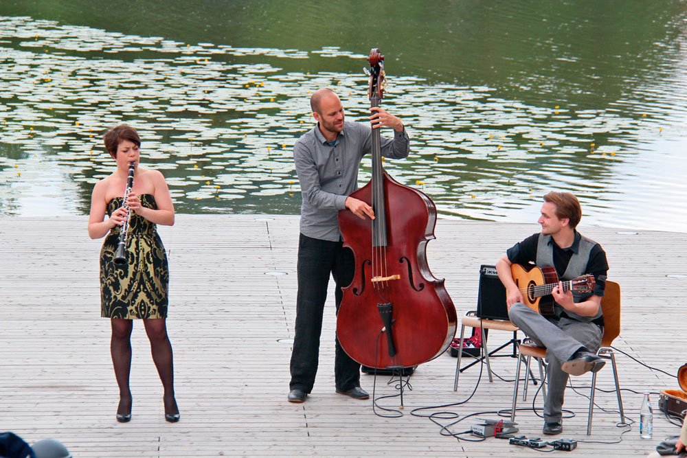 Musiker auf der Seebühne in Wiesenfelden. 