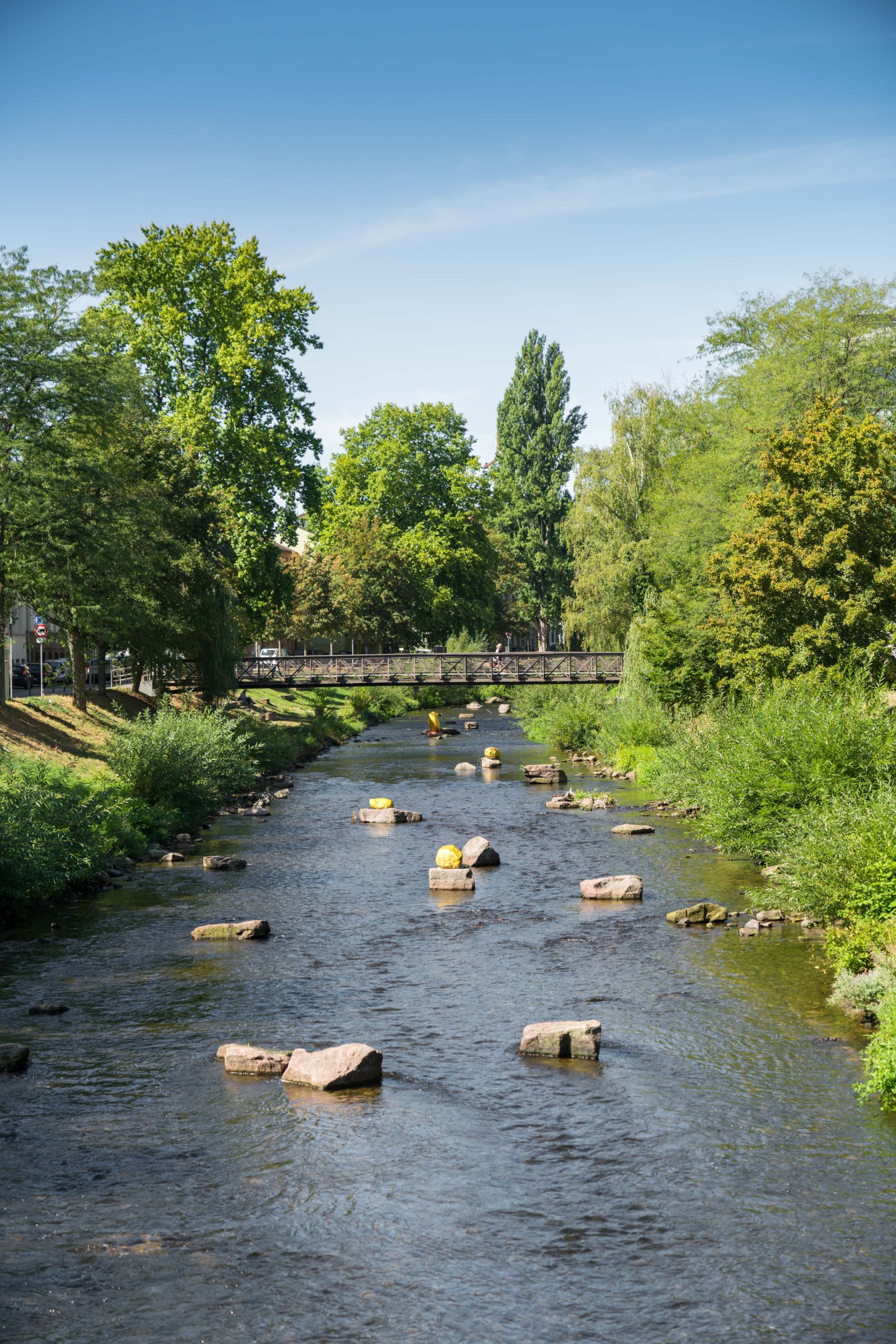 Golden stones adorn the river Enz in Pforzheim