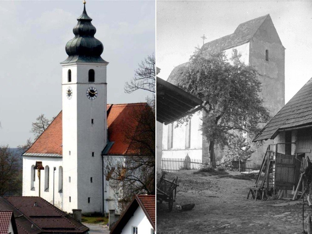 Die Frauenbergkirche Hengersberg (links) und die Schachinger Kirche um ca. 1920 (rechts)