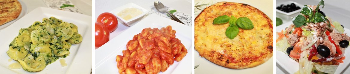 Eine Collage mit vier Bildern mit verschiedenen italienischen Gerichten: 2x Pasta, 1x Pizza 1x Salat