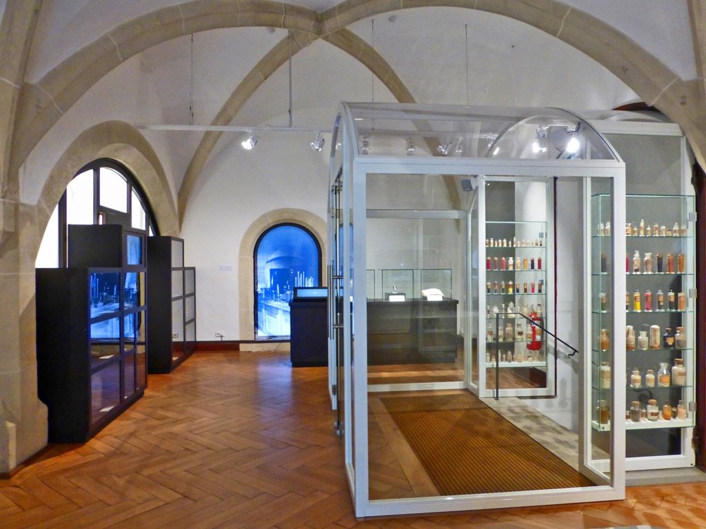 Gläserne Ausstellungsvitrinen im Schlosslabor Tübingen