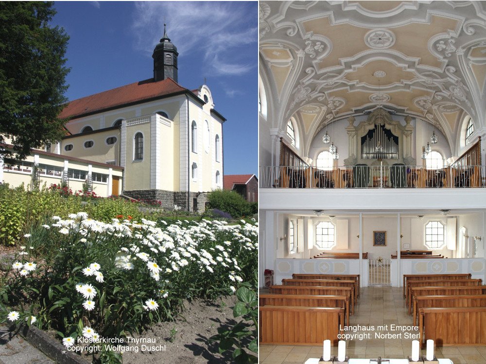 Klosterkirche (links) und Innenraum der Kirche (rechts) in der Abtei ST. JOSEF in Thyrnau