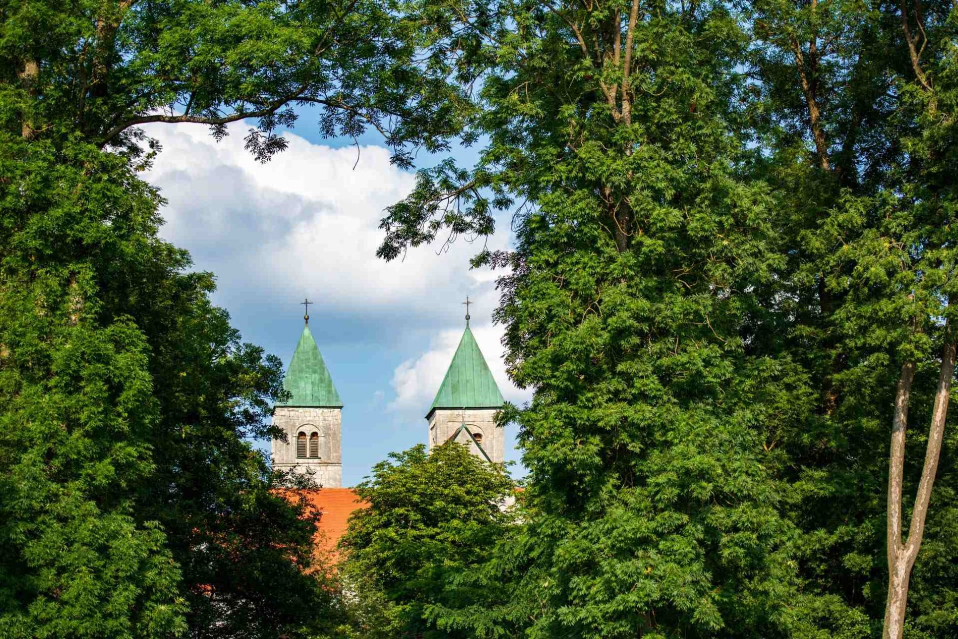 Durch die Bäume sieht man die Kirchtürme der ehemaligen Klosterkirche in Biburg.