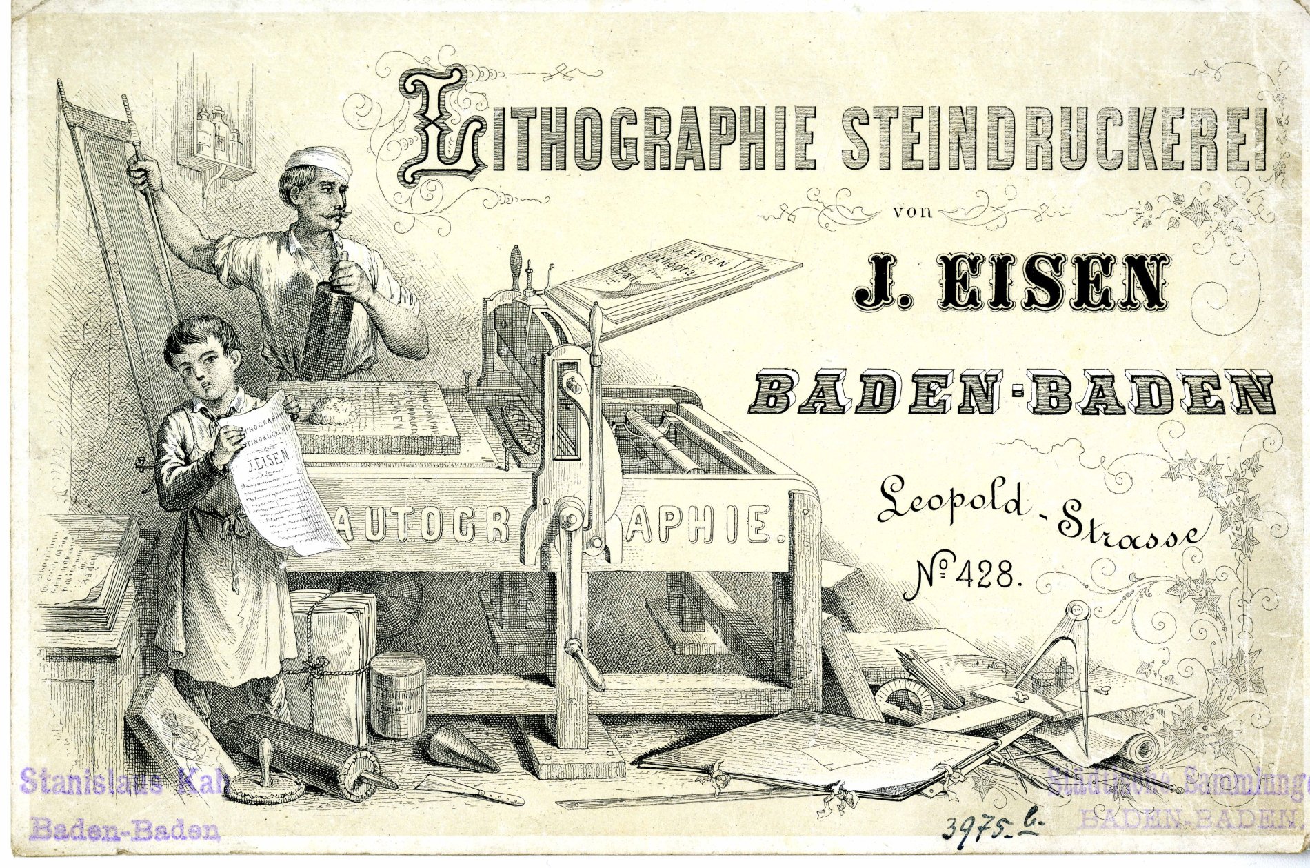 Adresskarte der Steindruckerei J. Eisen in Baden-Baden, 1865