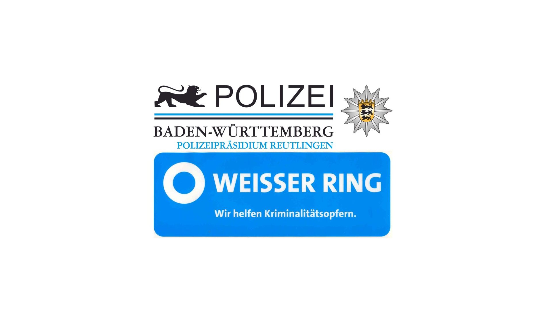 Logos der Polizei Baden-Württemberg, Polizeipräsidium Reutlingen und des Weißen Rings