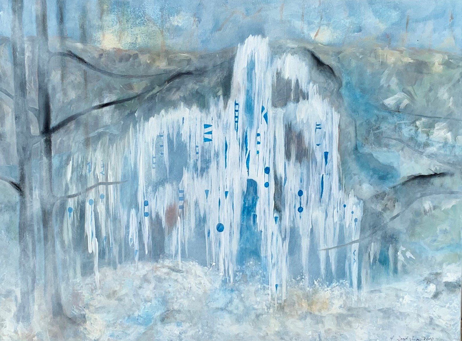 Wasserfall aus Eis in blau weiß gehalten