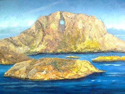 Felsen mit Loch im Fjord, realistische Malerei von Renate Rhode.