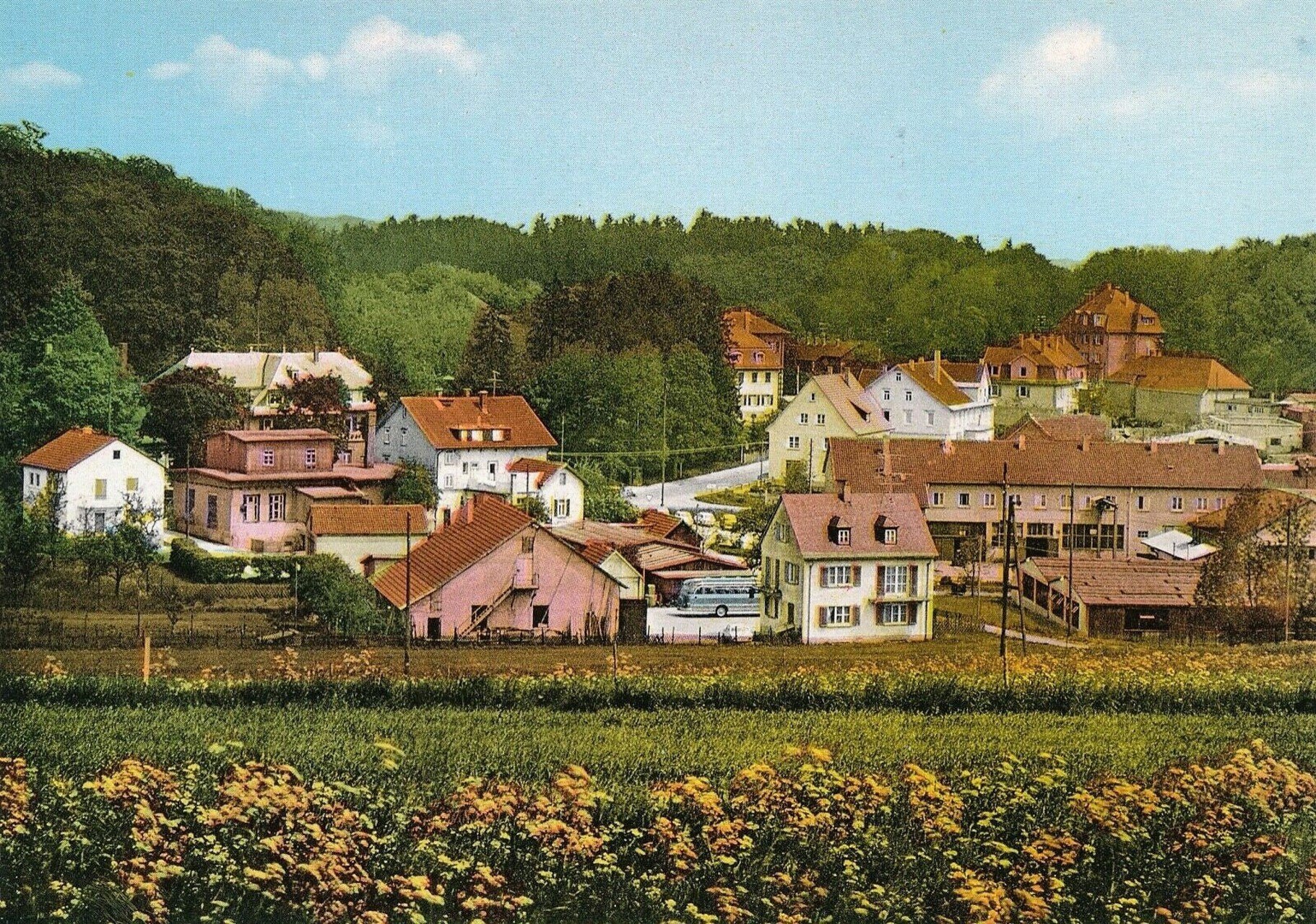Stadtführung Das Vorlager beim Alten Lager in Auingen in Münsingen im Biosphärengebiet Schwäbische Alb. Ein altes buntes Bild von einem kleinen Dorf im Sommer. Im Vordergrund sind einige Blumenwiesen, im Hintergrund sind weiße, gelbe und rosa Gebäude.