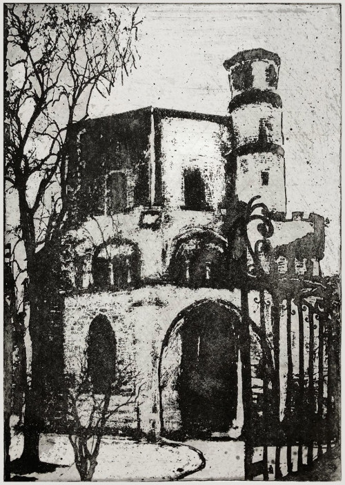 Bild 1 Alter Turm Mettlach Radierung auf Büttenpapier 2023 Ursula Bauer