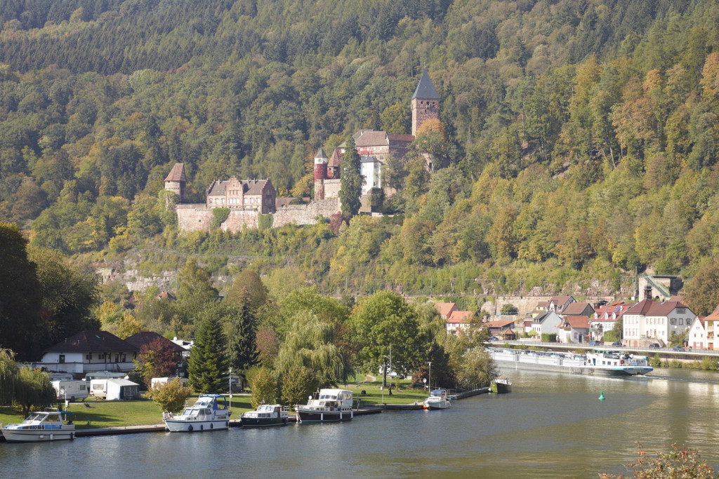 Blick auf Schloss Zwingenberg mit Neckar / Odenwald