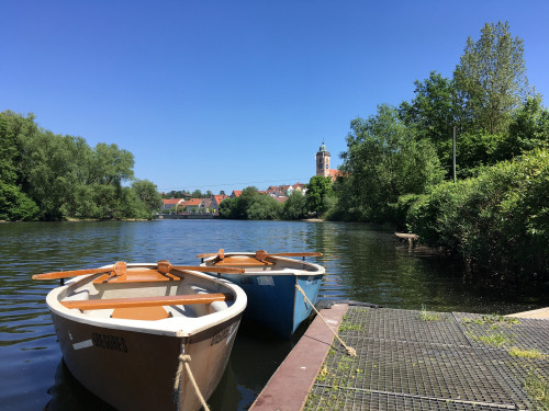 Zwei Ruderboote auf dem Neckar vor Nürtingen